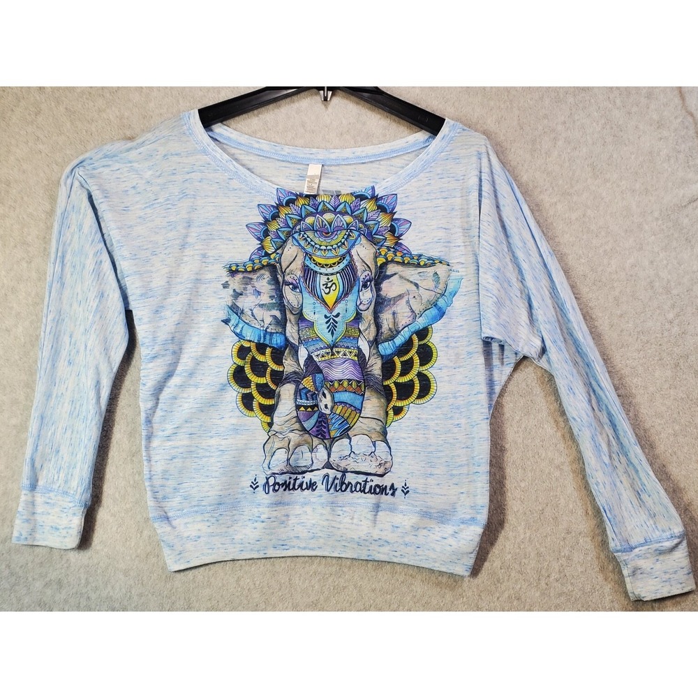 Bella Canvas Womens Long Sleeve Elephant Print Positive Vibrations Top Blue Sz S